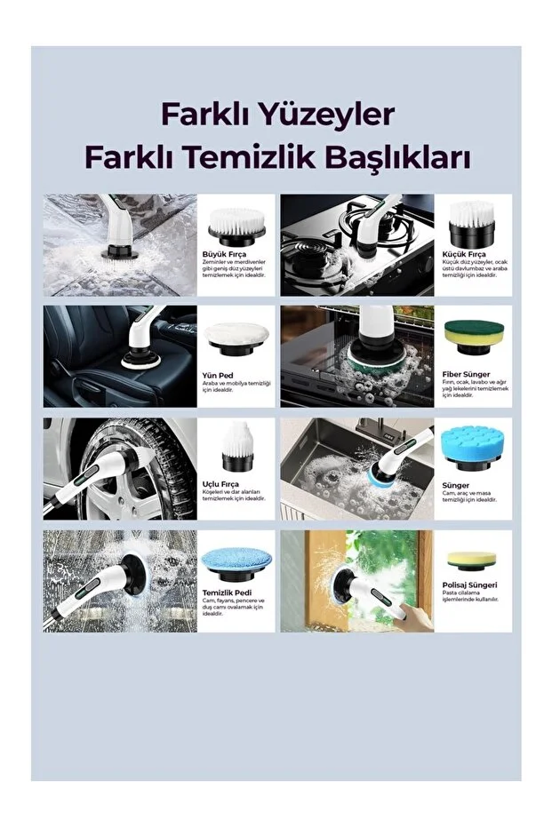 Çok Başlıklı Pratik Şarjlı Temizlik Fırçası Ev,Araba,İşyeri, Koltuk Temizleme Pratik Temizlik Şarjlı Fırça